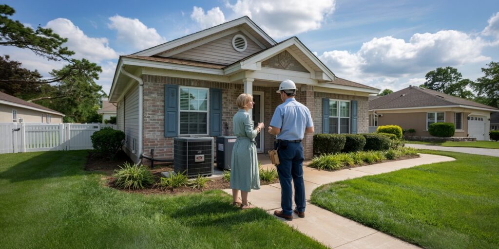 a woman who talks to an ac repair expert outside the house